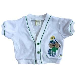 Vintage Baby Golf Bear Cardigan Sweater 3-6 Months White Green Appliqué